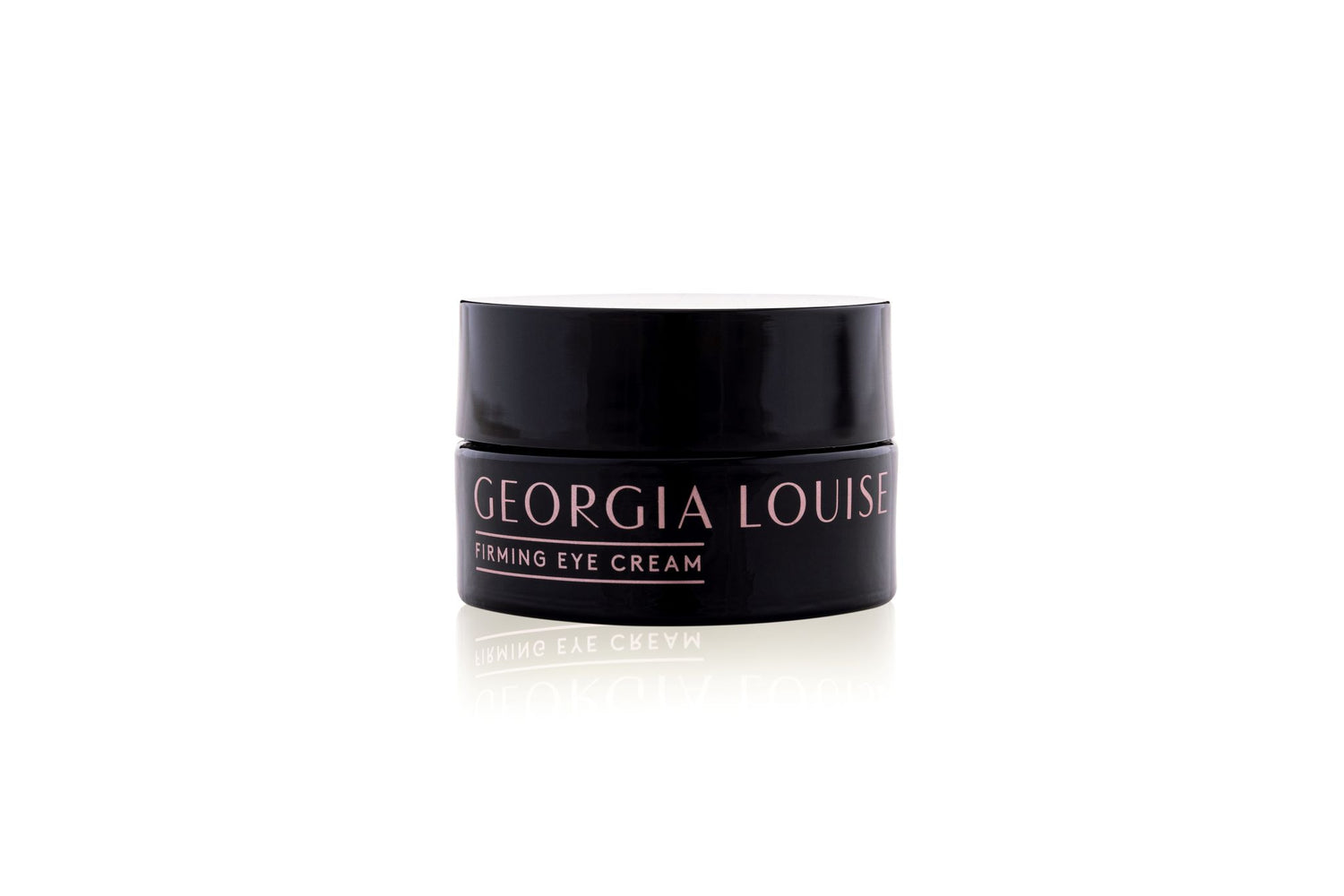 Black jar of Georgia Louise eye cream on a white background