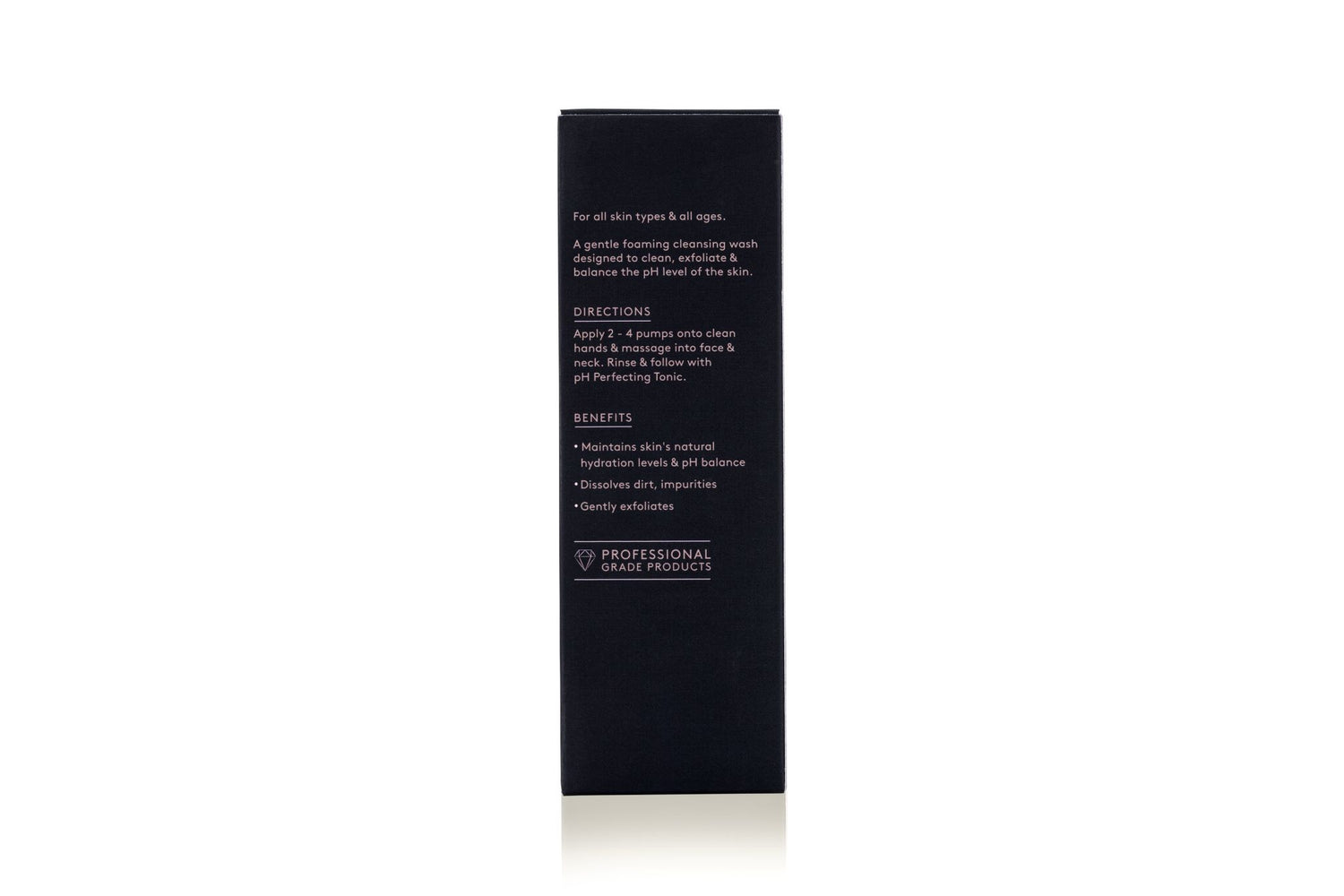 Side view of a black product box with text detailing usage instructions and ingredients.