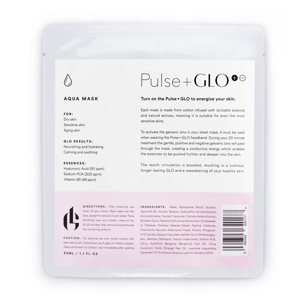 Back packaging of Pulse + GLO Aqua Mask with usage instructions and ingredients