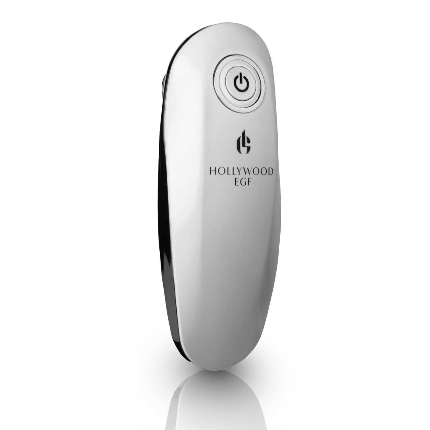 A silver facial treatment device with a power button, featuring the Hollywood EGF logo.