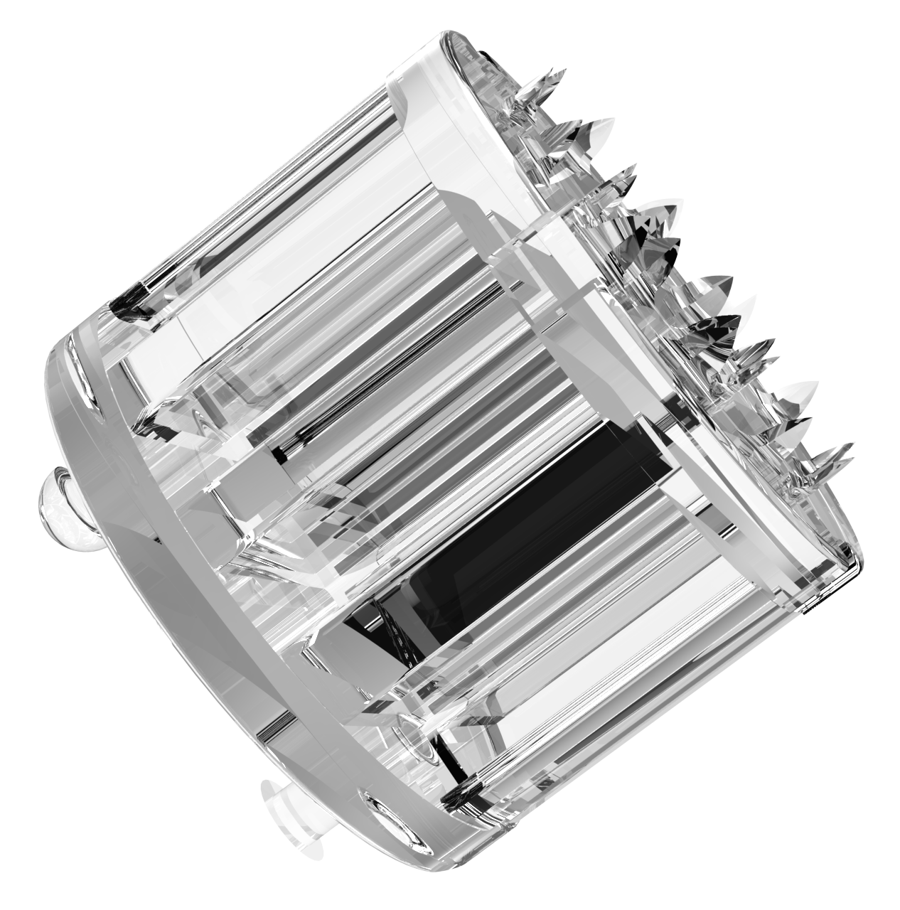 Close-up of a crystal-like cylindrical object with pointed edges.