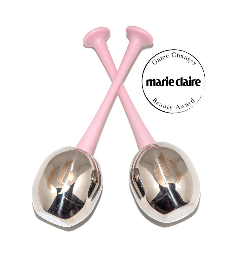 Georgia Louise Cryo Freeze Tools – award-winning stainless steel facial sculpting tools with pink handles, featured in Marie Claire Beauty Awards.