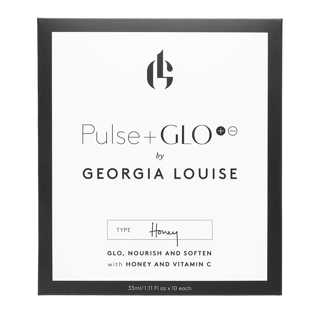 Product packaging for Pulse+GLO by Georgia Louise, featuring honey and vitamin C.